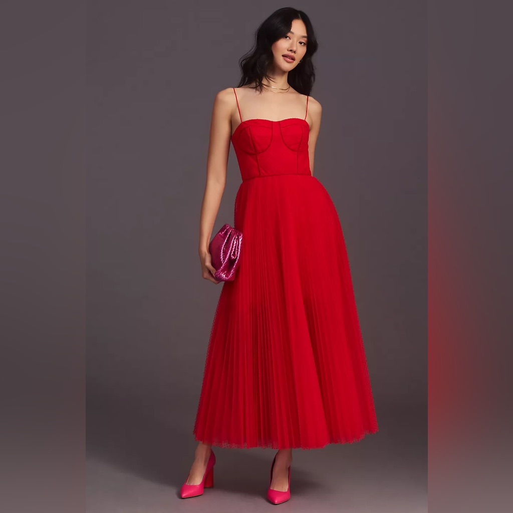 Nwt Ml Monique Lhuillier Sleeveless Tulle Corset Dress - Red Sz Us 4